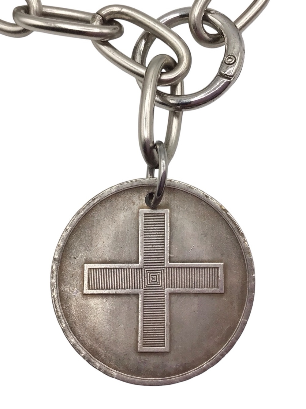 Vintage Cross Token Choker Necklace, 16” Silver Tone Chunky Chain Religious